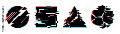 Abstract glitch shapes with digital distortion effects creating a modern and dynamic graphic design element collection.