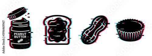 Peanut butter jar, toast, peanut, and candy icons with a modern digital glitch effect, representing popular food items.