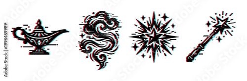 Genie lamp, smoke, star, magic wand with glitch effect, anaglyph style digital vector illustration.