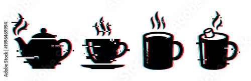 Hot beverage icons with glitch effect, including a teapot, teacup, and mugs, showing steam and digital distortion.