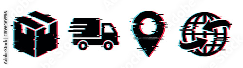 Delivery icons with glitch effect featuring a package, truck, location pin, and global shipping symbol for modern logistics concepts.