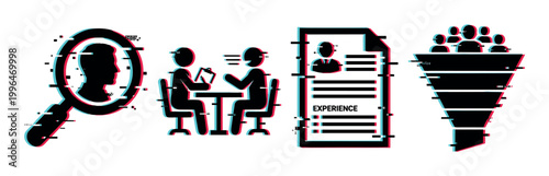 Human resources recruitment process icons with glitch effect showing talent search, interview, resume, and selection funnel.