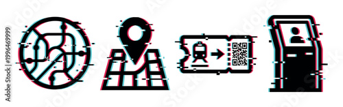 Glitch effect public transport icons including subway map, location pin, train ticket, and self-service machine.