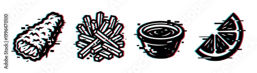 Glitch effect chicken, french fries, dipping sauce, and lemon wedge vector illustration with retro digital distortion.