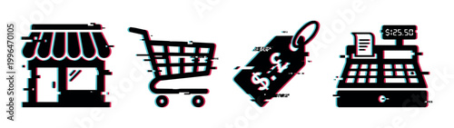 Glitch effect e-commerce icons featuring a storefront, shopping cart, price tag, and cash register, representing modern digital retail concepts.