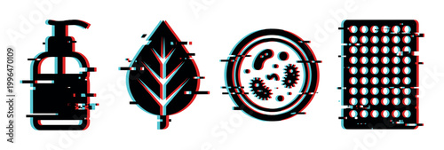 Glitch effect icons representing health, nature, and scientific concepts with digital distortion for modern design.