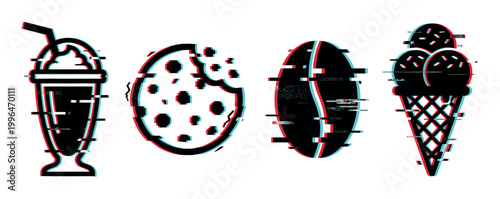 Glitch effect icons of milkshake, cookie, coffee bean, and ice cream cone with digital distortion and retro vaporwave style.
