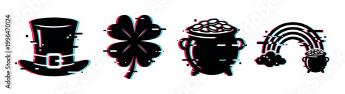 Leprechaun hat, shamrock, pot of gold, and rainbow icons with a modern glitch effect, representing St. Patrick's Day celebration.