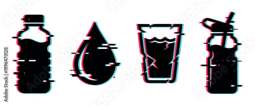 Water icons with digital glitch effect featuring various drinking containers and a liquid drop, representing modern technology and data distortion.