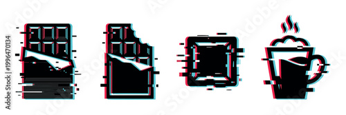 Chocolate bars, chocolate piece, and hot drink mug with a modern glitch effect, creating a retro digital distortion.