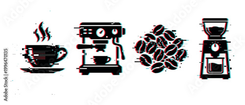 Coffee icons set with glitch effect showing a steaming cup, espresso machine, coffee beans, and a grinder for digital design.