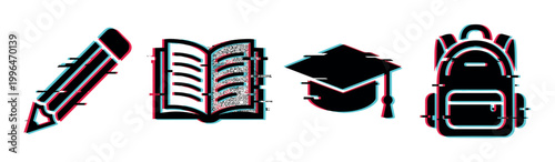 Pencil book graduation cap backpack icons with a modern digital glitch effect representing education and learning concepts.