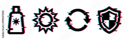 Sunscreen bottle, sun, refresh symbol, and shield icons with a modern digital glitch effect, representing protection and renewal concepts.