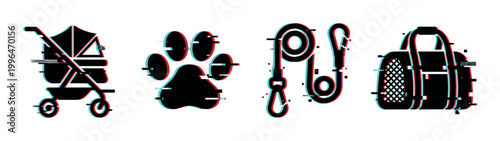 Pet accessories collection featuring a stroller, paw print, leash, and carrier with a modern digital glitch effect.