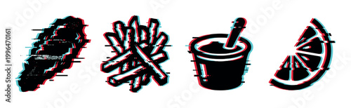 Fast food items with glitch effect including chicken wing, french fries, drink, and lemon slice in a modern digital art style.