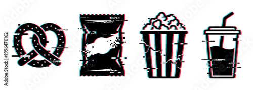 Snacks and drinks with digital glitch effect, including pretzel, chips, popcorn, and soda cup, in a modern vector illustration style.