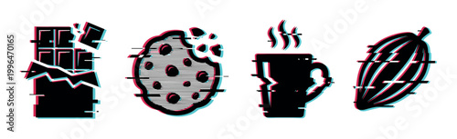 Chocolate bar, cookie, hot drink, and cocoa pod vector icons with a trendy digital glitch effect, ideal for contemporary designs.