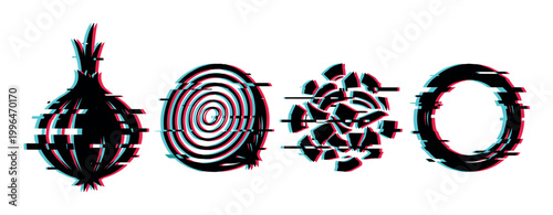 Glitch onion vector illustration featuring abstract digital distortion effects on various vegetable shapes.
