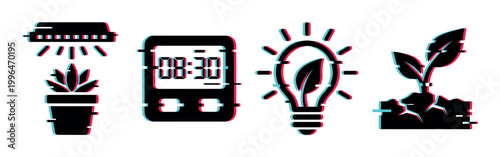 Glitch effect plant growth technology icons, featuring a grow light, digital timer, eco-friendly light bulb, and a young sprouting plant.
