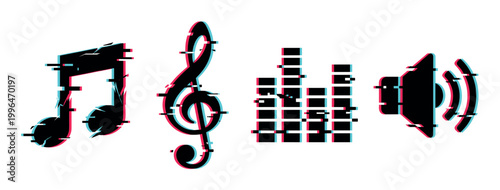 Glitch music icons with digital distortion effect, including a musical note, treble clef, equalizer, and speaker, representing modern audio technology.