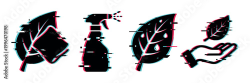 Glitch effect nature icons featuring leaves, a spray bottle, and a hand holding a leaf, symbolizing environmental care and sustainability.