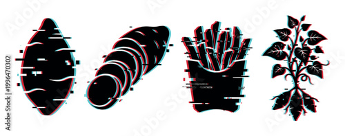 Sweet potatoes, sliced yams, and french fries with a plant silhouette featuring a modern digital glitch effect illustration.