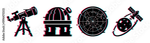 Telescope, observatory, star chart, and satellite with planet icons featuring a modern glitch effect, representing space exploration and scientific discovery.
