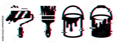 Paint roller, paintbrush, and paint cans with a modern digital glitch effect, perfect for creative design projects.