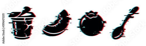 Glitch effect food and drink icons with a modern anaglyph style, including a yogurt cup, fruit, and spoon.