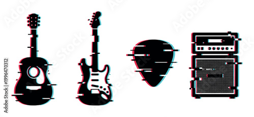 Guitars, pick, and amplifier with a modern digital glitch effect, representing music, sound, and technology in a creative illustration.