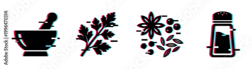 Mortar pestle herbs spices shaker icons with modern glitch effect for cooking and kitchen seasoning concepts.