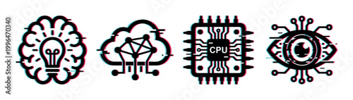 Set of four abstract technology icons featuring brain, cloud, CPU, and eye with a cool anaglyph glitch effect.