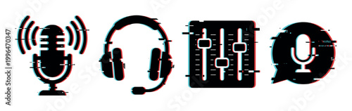 Modern podcasting and audio production icons featuring a microphone, headphones, and sound mixer with a trendy digital glitch effect.