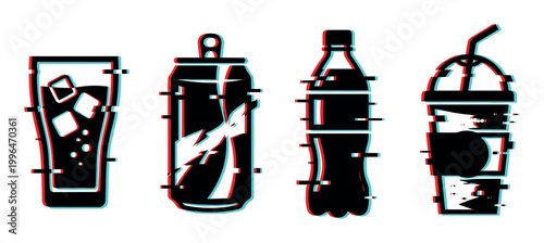 Various beverage containers with a modern digital glitch effect, including a glass, soda can, plastic bottle, and disposable cup.