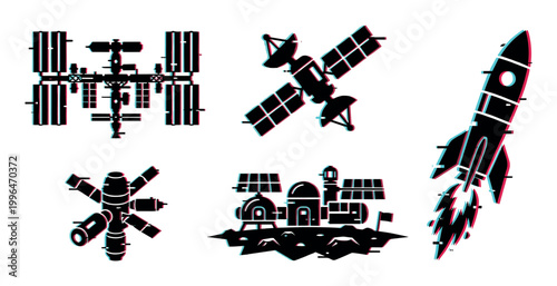 Collection of various space exploration icons featuring rockets, satellites, and stations with a modern glitch effect, representing cosmic technology.
