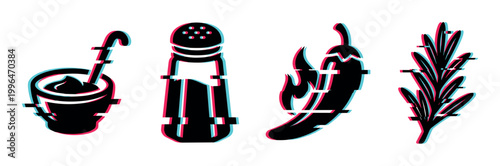 Cooking ingredients, spices, herbs, and condiments are depicted with a modern digital glitch effect, showcasing a unique and contemporary culinary theme.