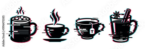 Hot beverages glitch effect icons set featuring various warm drinks like coffee, tea, hot chocolate, and mulled wine in a modern digital style.