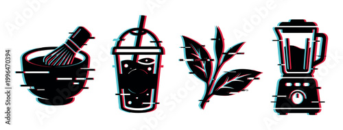 Beverage preparation icons with a modern glitch effect, representing various drink-making processes and ingredients in a trendy style.