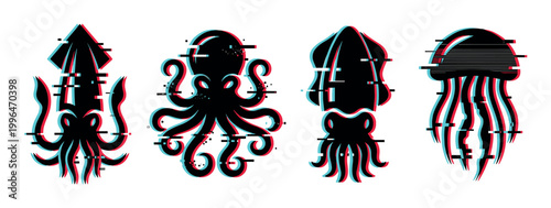 Squid, octopus, cuttlefish, and jellyfish vector icons with a modern digital glitch effect, featuring vibrant red and cyan color shifts.