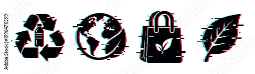Recycling, Earth, eco-bag, and leaf icons with a modern glitch effect representing environmental protection and sustainability concepts.