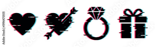Love and celebration icons with a modern glitch effect, featuring hearts, a diamond ring, and a gift box.