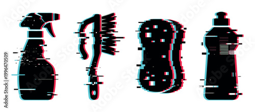 Cleaning supplies glitch effect digital distortion set featuring spray bottle, brush, sponge, and detergent bottle for modern design.