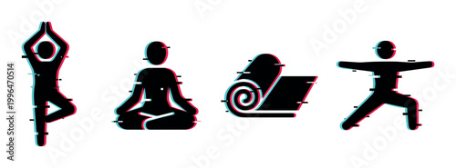 Yoga poses meditation mat icons with a modern digital glitch effect representing wellness, mindfulness, and healthy lifestyle.