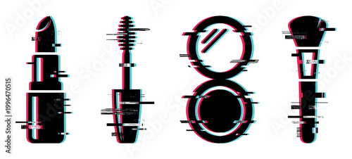 Glitch effect makeup items including lipstick, mascara, compact powder, and brush in a modern digital style illustration.
