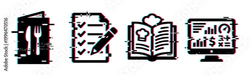 Digital glitch icons featuring a restaurant menu, task checklist, recipe cookbook, and computer monitor displaying business data.