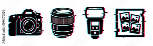 Photography icons set with a modern digital glitch effect, featuring a camera, lens, flash, and multiple picture frames.