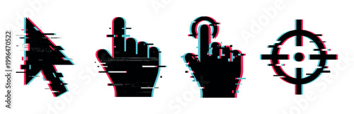 Glitch effect digital interface icons featuring a mouse cursor, hand pointer, tap gesture, and target symbol with distorted RGB channels.