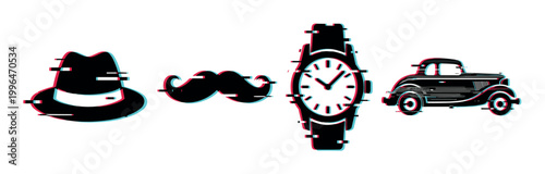 Classic hat, mustache, watch, and car icons with a modern digital glitch effect, representing retro style and technology.