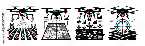 Agricultural drones utilizing advanced technology for precision farming, crop spraying, field mapping, and plant health monitoring.
