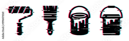 Paint roller, paintbrush, and paint cans with a modern glitch effect, representing renovation and home improvement tools.